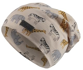 Sterntaler Beanie Safari - Beanie Jungen - Kindermütze mit UV -Schutz 30 mit Safaritieren - Slouch -Beanie aus Flammgarn -Jersey schützt den Kopf vor der Sonne - Leichte Mütze für Kinder - beige, 51