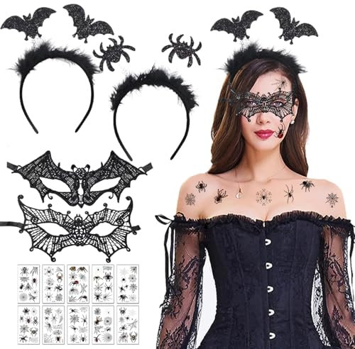 Leonshco 5 Stück Halloween Steampunk Damen Zubehör mit Spitzenhandschuhe Frauen/Venezianische Maske/Gothic Jewelry Necklace/Halloween Haarreif/Tattoo-Aufklebern für Maskerade, Cosplay, Party usw