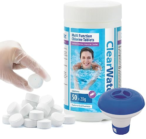 Swimming Pool Chlorine Cleaning Kit - Clearwater CH0019 Multifunction 4in1 Chlorine Tablets 1kg & Bestway 58210-17 Chemical Floating Dispenser with Card. Pool Chemical Starter Kit for Spa, Hot Tubs