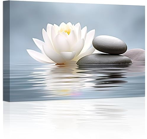 LZIMU Zen Wall Art Lotus Flowers Stones on Water Pictures Water Lily Canvas Prints Bathroom Decor Spa Artwork for Yoga Studio Meditation Spiritual Room Framed (Zen-1, 16.00x24.00)