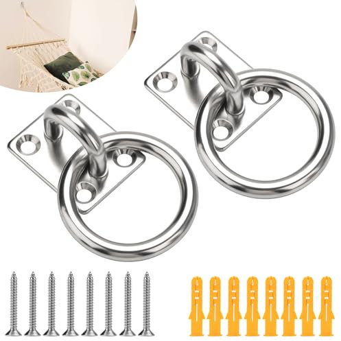 AccEncy 2Pcs M8 Stainless Steel Extra Large Heavy Duty Ring and Square Wall Mount Ceiling Indoor/Outdoor Hooks