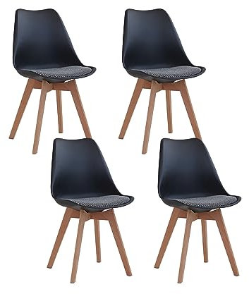 GrandCA HOME Lot de 4 Chaises de Salle à Manger avec Pieds en Hêtre Massif, Design Rétro, Chaise Rembourrée, Chaise de Cuisine en Bois, Noir-QNG