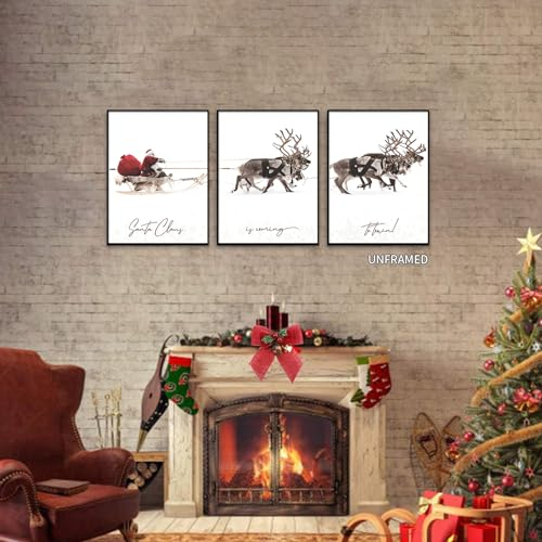 Generisch Vintage 3-teilige Weihnachts-Leinwand-Wandkunst, rustikaler Weihnachts-Weihnachtsmann mit Schlitten-Posterdruck, Weihnachts-Elch-Hirsch-Bilder, Wanddekoration, 30x40cm, ungerahmt