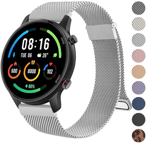 Wanme Bracelet de montre pour Xiaomi Mi Watch/Watch S1/S1 Active/Color Sport, 22 mm, en acier inoxydable, avec aimant réglable, argenté