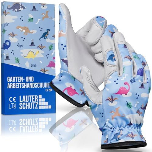LAUTER SCHUTZ ® für Kinder: Premium Arbeitshandschuhe (Dehnbares Polyester & Kunstleder) mit rutschfestem Kunstleder, für Gartenarbeit und mehr (Größe XXXL, Dino-Muster)