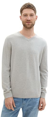 TOM TAILOR Herren Basic Pullover mit V-Ausschnitt aus Baumwolle, 36293 - Bright Stone Grey Melange, XXXL
