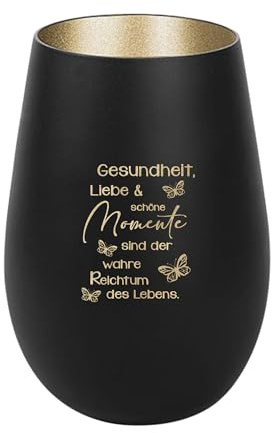 Der-Porzellan-Laden Windlicht mit Gravur Gesundheit Liebe schöne Momente, Schwarz Gold, Teelichthalter aus Glas mit Spruch, Tischdeko modern