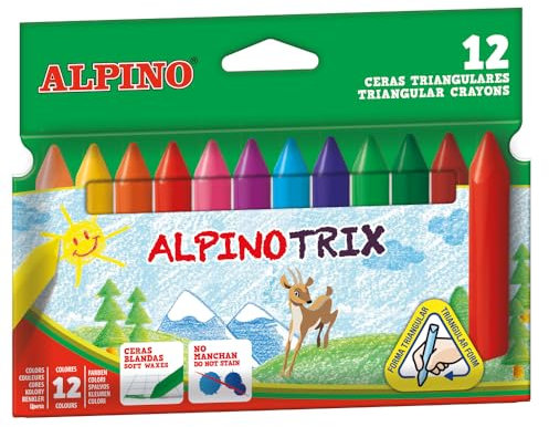 Alpino - Estuche 12 ceras de colores AlpinoTrix | Formato Triangular | Larga Duración y Resistencia | Diversidad de Colores | Creatividad sin Límites | Estuche Ceras
