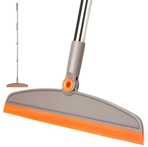 XXFLOWER Squeegee Broom for Floor with Long Handle for Sweeping,Rubber Broom for Pet Hair Carpet,Wet Room Floor Cleaner for Bathroom,Shower,Kitchen(Gray-Orange)