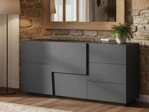 Dmora - Kommode Xavier, Wohnzimmer-Buffet, Wohnzimmer-Kommode mit 2 Türen und 3 Schubladen, 180x44x86 cm, Anthrazit