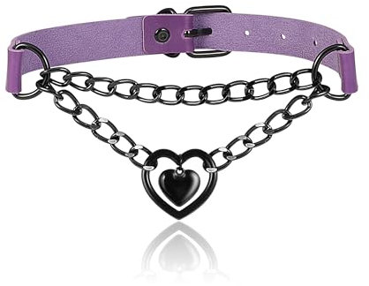 JJDreams Gotik Punk PU Lederband Einstellbar Kragen mit Herzanhänger Halskette Damen Kette Lila Choker Schwarz Herzring