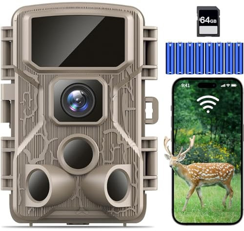 Punvoe Caméra de chasse WiFi 6K 64MP - Vision nocturne, activation de mouvement, étanchéité IP67, grand angle de 130° - Caméra de jeu extérieure sans fil