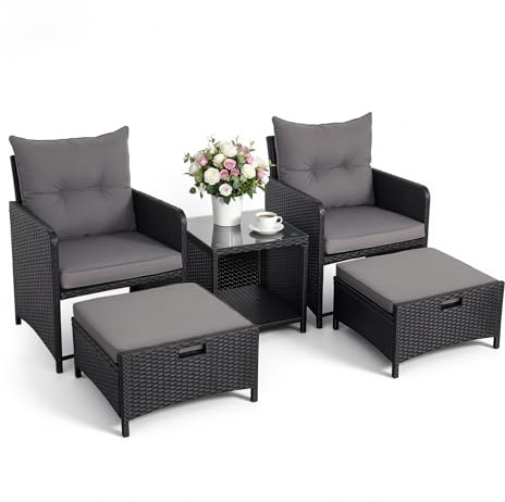 Panana 5 Pieces Rattan Garden Furniture Set, Nesting Sofa Chair with 2 Ottomans & Storage Coffee Table, Outdoor Patio Sofa Set for Balcony Poolside Conversation