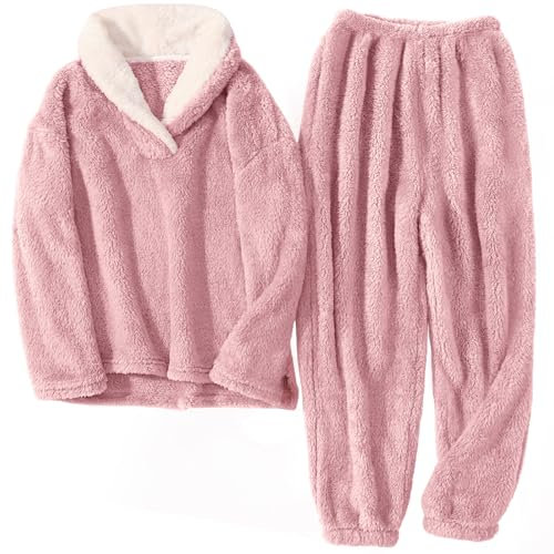 TOMEEK Set Pigiama Invernale da Donna Set da Pigiama a Maniche Lunghe in Pile Set da Salotto Morbido Caldo per la Casa con Felpa e Pantaloni(Rosa,XL)