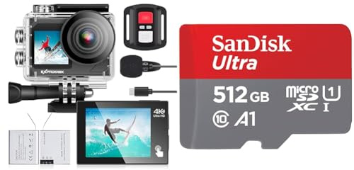 Exprotrek Action Cam,4K 30fps Ultra HD, 30m 100Fuß wasserdichte Unterwasserkamera & SanDisk Ultra Android microSDXC UHS-I Speicherkarte 512 GB + Adapter