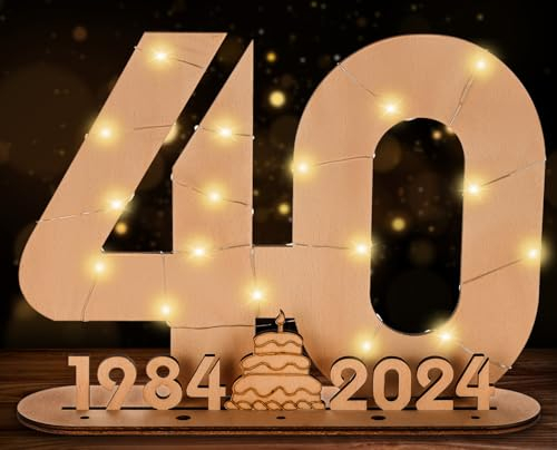 Giftota 40e Livre d'or en Bois pour Femmes et Hommes - Numéro 40 Cadeau en Argent - Cadeau de 40e Anniversaire avec LED Lumières - 2024 Décorations en Bois - Panneau de Bois - Cadeau Personnalisable