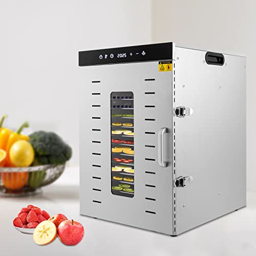 Dörrautomat Edelstahl mit Rezeptheft, 16 Edelstahl-Ablagegitter, Dörrgerät Temperaturregler von 30-90℃, Timerfunktion von 24h Dörrzeit, LCD-Touch-Display, Dörrautomat für Obst Fleisch Früchte