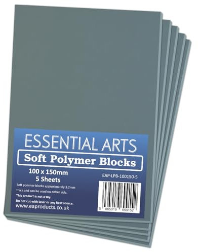 Essential Arts 100 x 150mm Double Sided Soft Grey Polymer Blocks Pack of 5 – 3mm Thick Super Soft Relief Printing Sheets for Easy Lino Carving Art and Craft