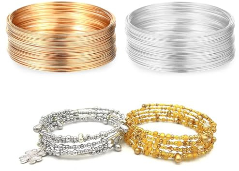 Memory Wire for Bracelet Making, Metal Beading Wire, 200 Loops | 0.6mm Diameter, Silver/Golden Colour, Jewelry Making Supplies
