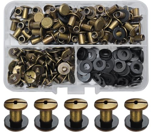 SHSMPXOY 80 Juegos Remaches Tornillo Encuadernacion, M5*8Tornillos de Chicago,Remaches de Tornillo Para Cuero Reparación para Bolsos, Libros, Collares, Mochilas, Correas de Perro, Correas (Bronce)