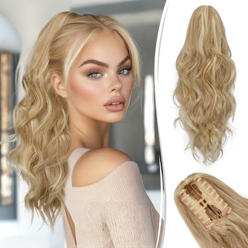 RUWISS Pferdeschwanz Haarteil mit Klammer, 45cm Gewellte Claw Clip in Pferdeschwanz Haarverlängerungen Lange Synthetik Lockigen Ponytail Extension für Frauen, Dunkles Aschblond Gemischt Bleichblond