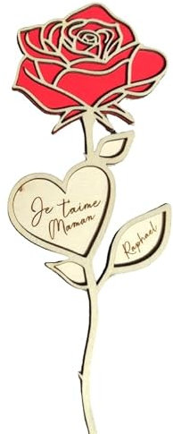Roses en Bois avec Cœurs Personnalisés, 4 couleur au choix Fleur éternelle - cadeau nounou - Cadeau unique & personnalisé – Rose en bois – fête des Mères, Atsem, maîtresse, offrir, fête des mamies