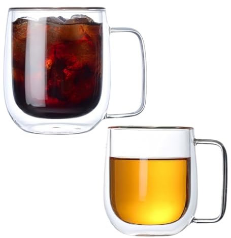 NBBENG 1x250ml 1x350ml Borosilicate Double Walled Insulated Glass Coffee Mugs Clear Glass Coffee Cups Set of 2 Travel Camping for Cappuccino/Latte/Tea/Shots
