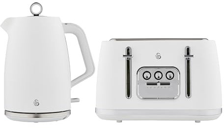 Swan Serenity Kitchen Set, 1.7L Kettle & 4 Slice Toaster, White, SK14017WHT & ST19024WHT
