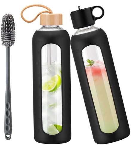 HYDRAGLAZIC 950ml Glass Water Bottle With 2 Lids-Flip Straw Lid, Bamboo Lid, Glass Water Bottle With Silicone Sleeve, Motivational Time Marker, Glass Juice Bottle for Cold Drink,Black