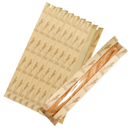 Confezione da 50 sacchetti per pane in carta kraft per baguette, 58,4 x 10,2 x 4,1 cm, con finestra frontale trasparente e 64 adesivi trasparenti per pane fatto in casa, pane francese (trigo)