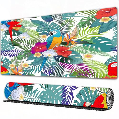FEHWI Grand Tapis de Souris de Jeu avec Bords surpiqués et Dos antidérapant,sous-Main pour Clavier et Souris,Motif de Fond avec des Fleurs Tropicales, Un Ara Rouge écarlate et Un Flamant ros,90×40 cm