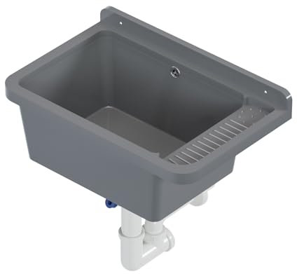 QLS Ausgussbecken 50x34 cm aus Kunststoff mit Siphon Garage Werkstatt (Grau)
