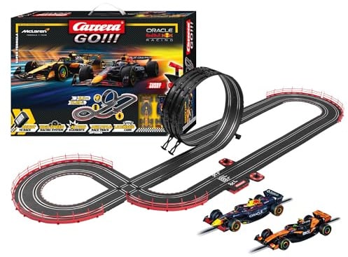 Carrera GO Super Formula – Formel-1-Rennbahn Set mit Red Bull RB21 M. Verstappen No.1 und McLaren MCL39 L. Norris No.4 – Slotcar Rennbahn 1:43 mit Looping und 5,3 m Strecke