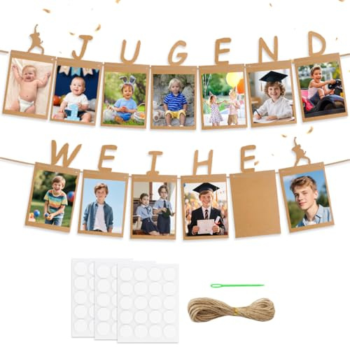 Jugendweihe Deko Neutral, Jugendweihe Fotogirlande, Originelle Fotogirlande zur Jugendweihe, inkl 13 Kraftpapier Fotobanner für Fotos von 1 bis 13 Jahre, Hängende Wanddekoration für Jungen Mädchen
