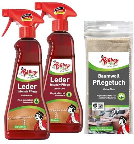 POLIBOY Leder Intensiv Pflege - Farblose Lederpflegecreme für Glattleder - Nährt, frischt auf und imprägniert - Für Reitstiefel & Motorradbekleidung - 2 x 375 ml - Mit Baumwolltuch - Made in Germany