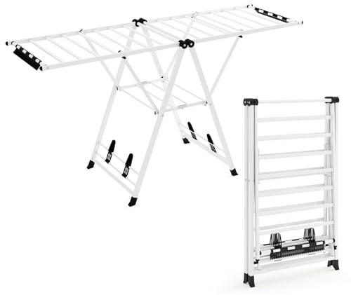 COSTWAY Wäscheständer klappbar mit verstellbaren Flügeln, Sockenklammern & Schuhablage, Wäschetrockner ausziehbar, Trockenständer freistehend für die Wäsche drinnen & draußen (Weiß,184cm)