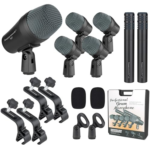 happymusic M7 Wired Drum Microphone Kit,7-Piece Full Metal Dynamic Mic-Kick Bass Snare and Cymbals,Use for Drums Vocal Other Instrument Complete with Thread Clip Inserts Mics Holders,Carrying Case