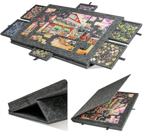 Jigsaw Accessories Tilting Jigsaw Puzzle Board for 1000 Pieces Puzzle, Felt Lightweight Felt Jigsaw Storage Table with 2 in 1 Stand and Cover 6 Drawers for Adults and Kids Dark gray