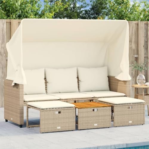 Holamys 3-Sitzer Outdoor-Sofa mit ausziehbarem Dach, 2 Hockern, Tisch, Beige Poly Rattan, UV-beständig, pflegeleichtes Gartenmöbel-Set