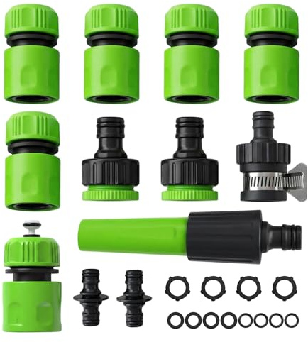 Garden Hose Connector Set 24 Pack | 1 Nozzle | 5 Hose End Connectors | 1 Hose Waterstop | 2 Double Male Snap | 2 Hosepipe Tap Fitting 1/2 & 3/4 Inch for Joining Hose Pipe