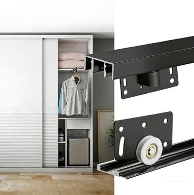 Programme Triple Track Rail de porte de placard coulissante robuste – Kit de remplacement de roue coulissante silencieuse for portes de garde-robe, de grange et en verre(120cm/47in)