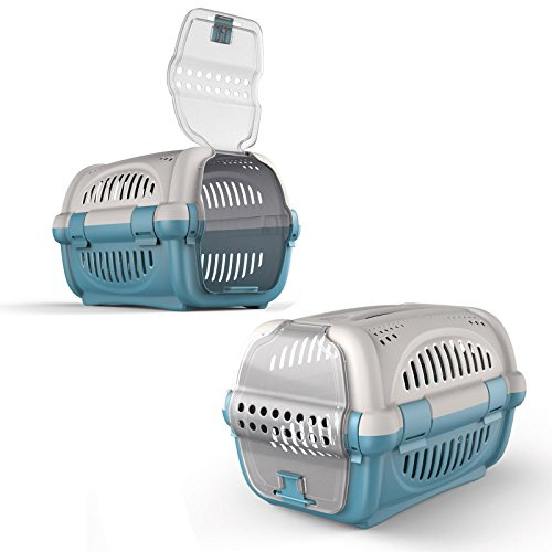 CAT CENTRE Premium Pet Carrier, Cat Dog Transport Box, Blue | Kitten puppy travel cage, lockable front door, air vents, lightweight, easy clean, flat pack storage