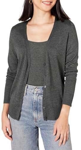 Amazon Essentials Women's Lightweight V-Neck Cardigan Jumper (Available in Plus Size), Charcoal Heather, L