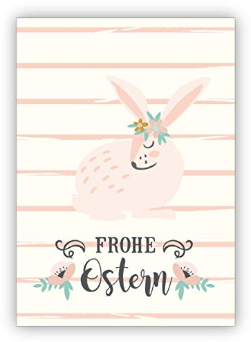 1 Süße rosa Vintage Osterkarte mit Blumen Osterhase auf Streifen: Frohe Ostern - zum Osterfest • fröhliche Premium Karte mit Ostermotive mit Umschlag für Freunde Familie