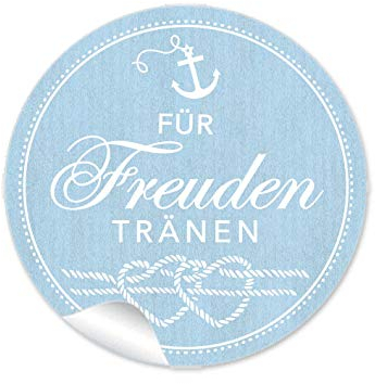 24 STICKER Für die Freuden Tränen Etiketten mit Anker Herz aus Tau im Maritim Look in Blau für Taschentücher Verpackungen zur Trauung, 4 cm, rund, matt