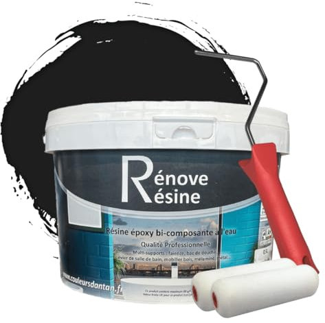 COULEURS D ANTAN Peinture Résine multisupport Intérieur pour Faïence, Carrelage, Douche, Baignoire 5m² - RAL 9017 Noir signalisation + Kit d'application OFFERT