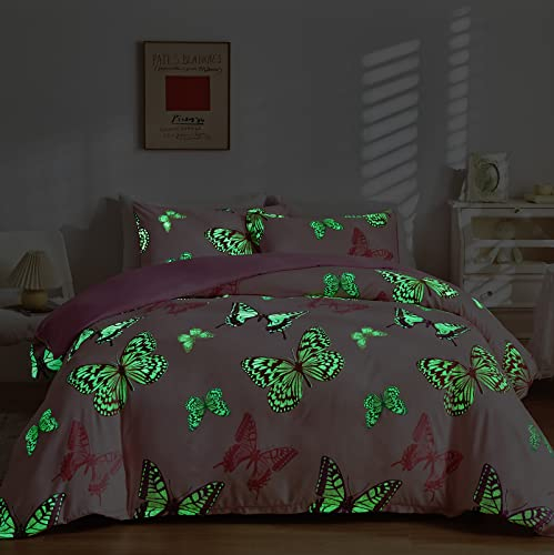 GETIYA Schmetterling Bettwäsche 135x200 Rosa Bettwäsche Mädchen Damen Mikrofaser Bettbezug Butterfly Muster Leuchtend im Dunkeln Einzelbett Deckenbezug mit Kissenbezug 80x80cm