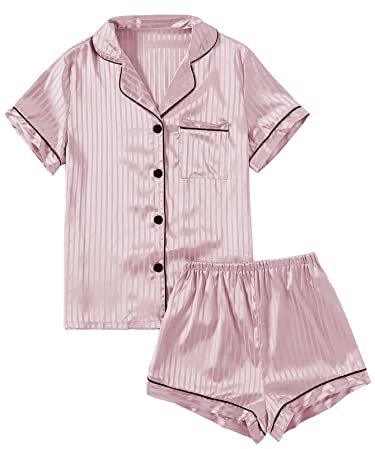 LYANER Ensemble de pyjama rayé à manches courtes en satin soyeux avec short pour femme, Large