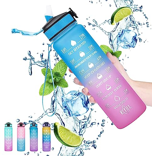 Gaiayhc Sports Water Bottle 1 L,Motivational with Time Marker and Straw,30oz Leakproof Design for Sports,Hiking,Gym,Fitness,Outdoor,Cycling,School & Office, Gradient Purple Blue