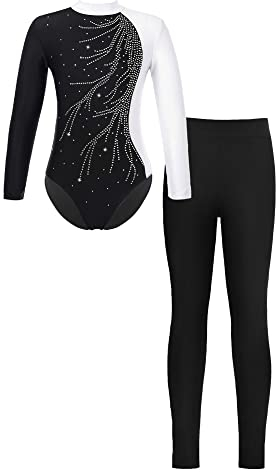 iEFiEL Mädchen Turnanzug Langarm Glitzer Gymnastik Kleidung Set Ballett Trikot Langarmbody mit Lange Hose Kinder Gymnastikanzug Z Weiß + Schwarz 158-164